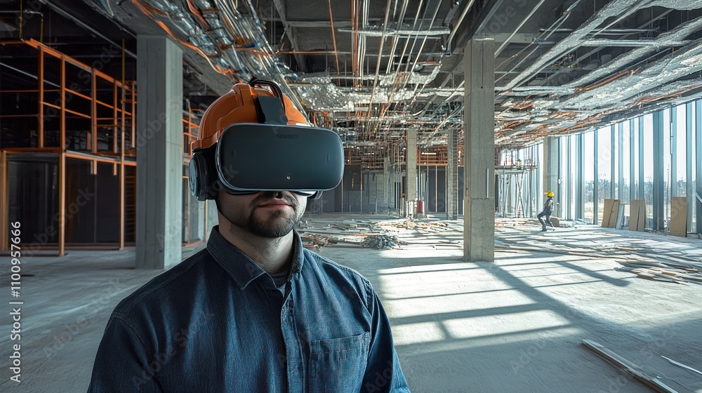 Poster using vr to simulate unfinished construction projects so that teams can explore the interior in adva