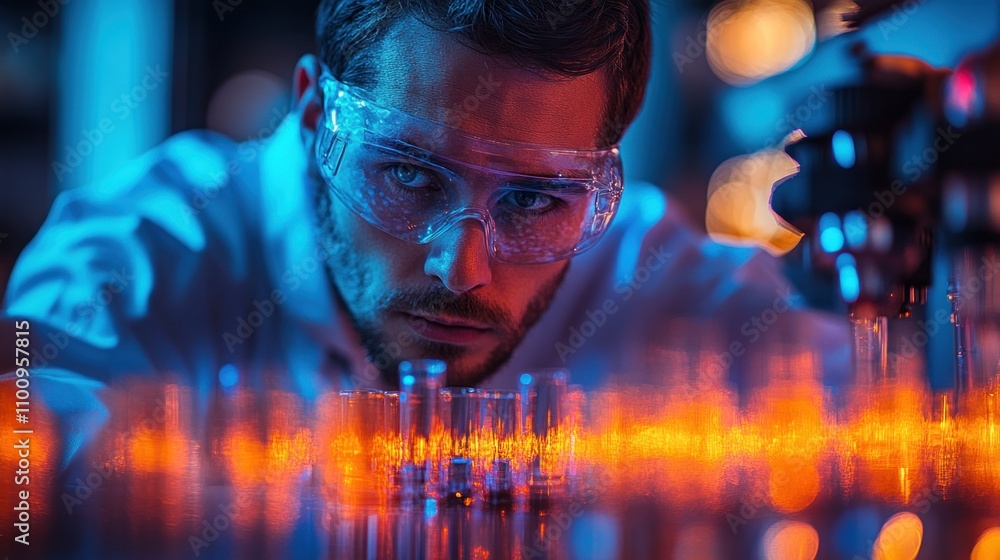 Poster a scientist in a lab coat and safety goggles looks intently at a row of test tubes filled with color