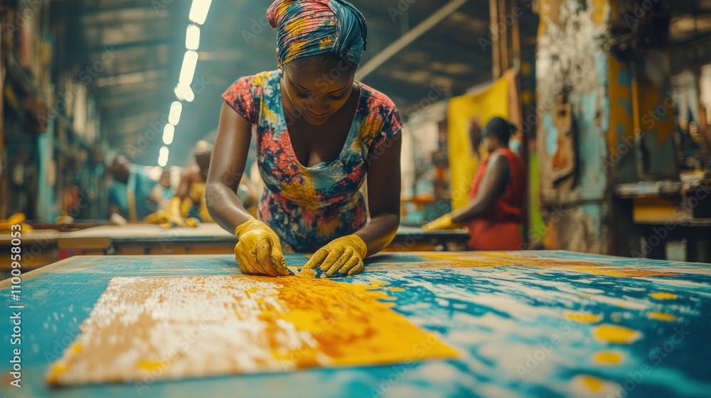 Poster workers carefully cutting fabric patterns on large cutting tables with precise measurements in a bus