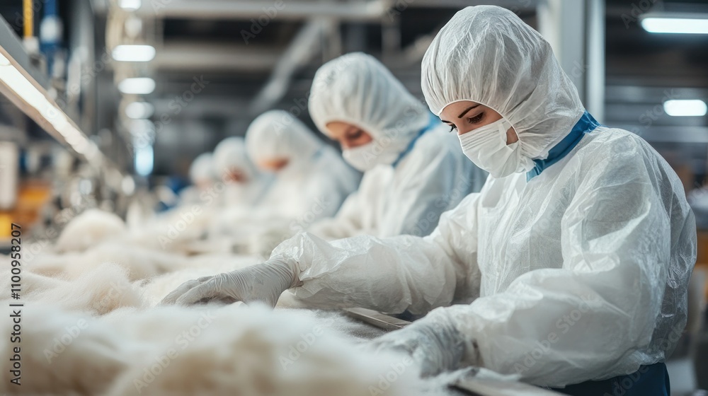 Poster workers in protective clothing handling and processing synthetic fibers for high-quality textiles in