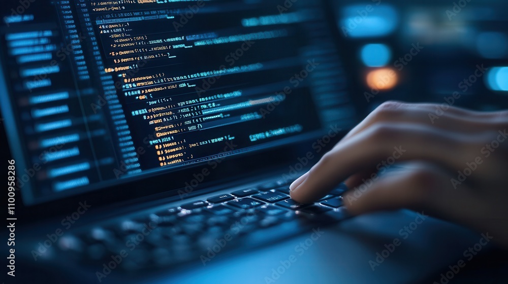 Poster A close-up of a hand typing on a laptop keyboard displaying code, highlighting programming and technology in a dark environment.