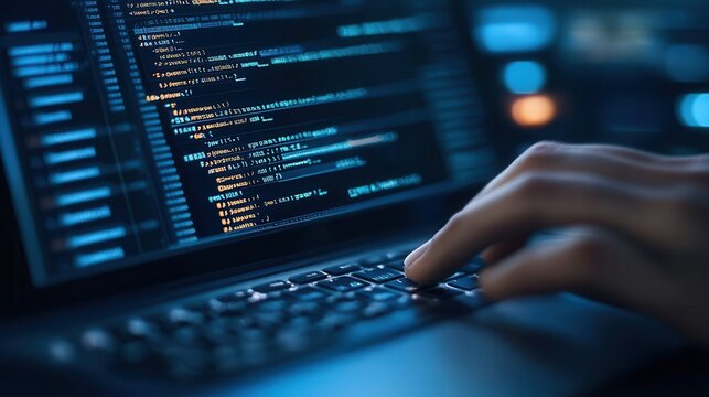 A close-up of a hand typing on a laptop keyboard displaying code, highlighting programming and technology in a dark environment.