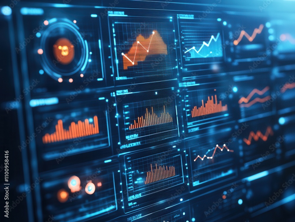 Poster A digital dashboard displays various colorful graphs and data visualizations, showcasing trends and metrics in a modern, high-tech interface.