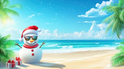 Cheerful snowman in santa hat and sunglasses on sunny beach with copy space for summer holiday theme