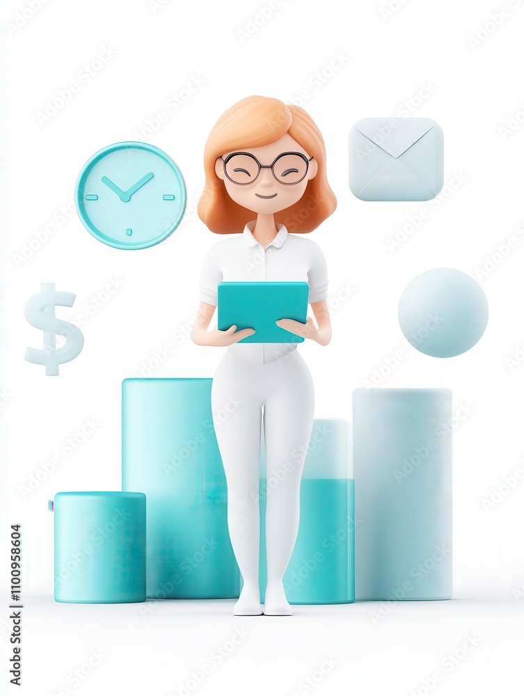 Poster A cheerful cartoon character holds a box surrounded by icons representing time, money, and communication, emphasizing productivity and organization.