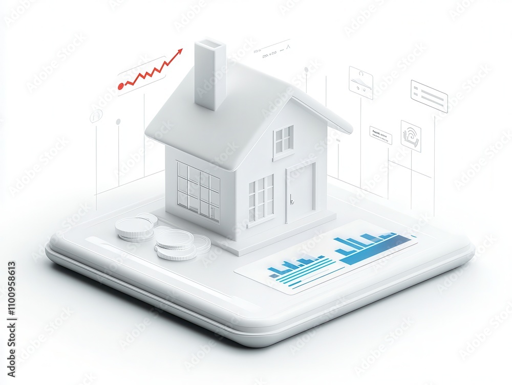Poster a digital model of a house on a tablet, showcasing graphs and data, symbolizing real estate analytic