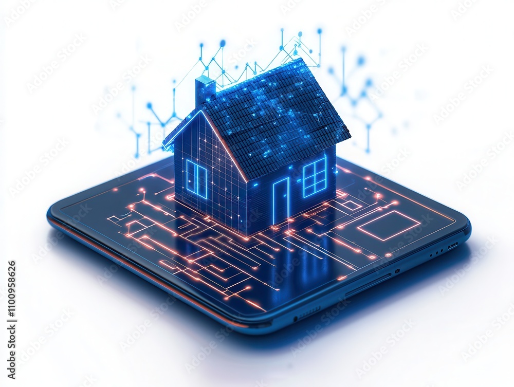 Poster a futuristic house model is displayed on a smartphone, symbolizing smart home technology and digital