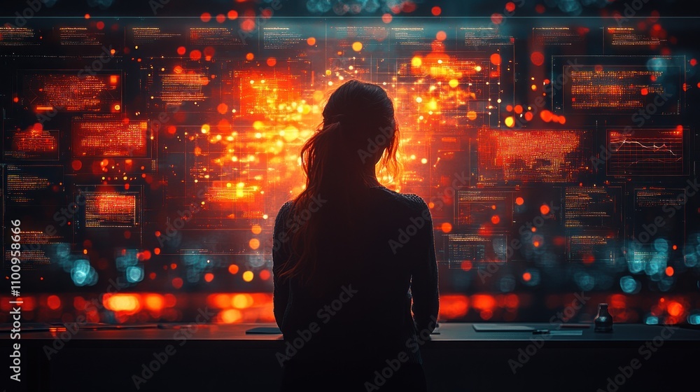 Aufkleber a woman stands in front of a large screen with data and information, looking at a bright light that 