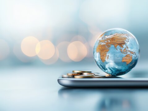 A globe rests on a smartphone, surrounded by coins, symbolizing global finance, digital currency, and modern commerce.