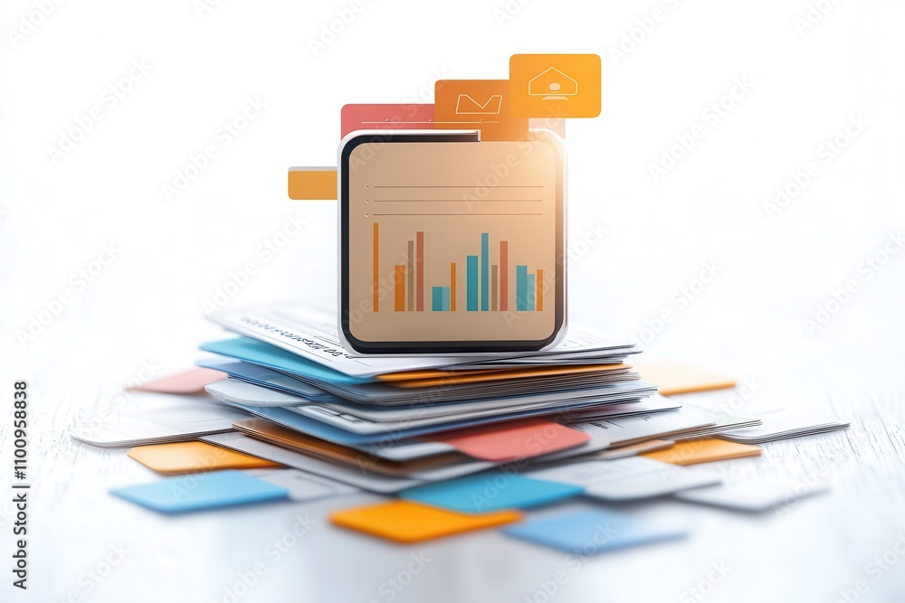 Poster A graphic visualization of data analytics with colorful charts and notes, symbolizing business insights and information organization.