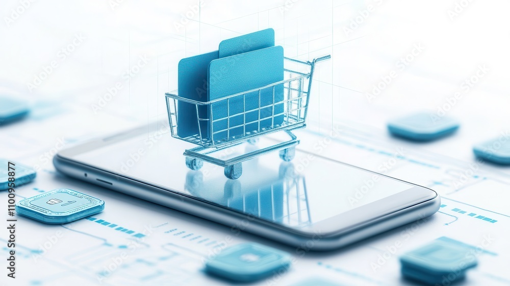 Poster a digital shopping cart icon rests on a smartphone, symbolizing online shopping and e-commerce inter