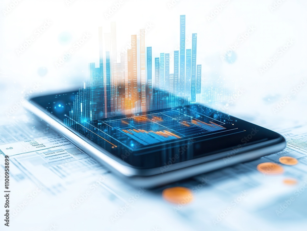 Poster A smartphone displaying digital data and analytics, with graphs and charts symbolizing technology and innovation.