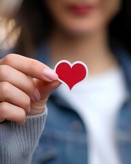 A girl is holding and showing a cute red heart shape sticker mockup representing Valentine's Day