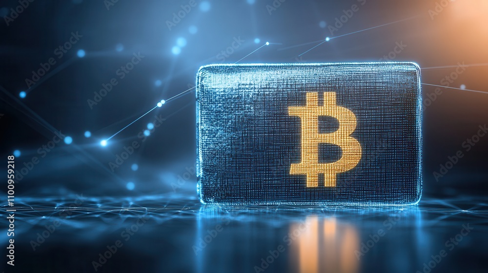 Fototapete A digital representation of a Bitcoin block illuminated in blue and gold, symbolizing cryptocurrency and blockchain technology.