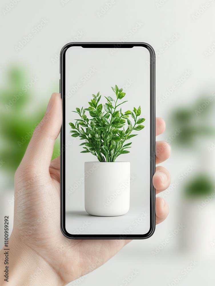 Poster A hand holds a smartphone displaying a green plant in a white pot, set against a light background with additional greenery in the blurred backdrop.