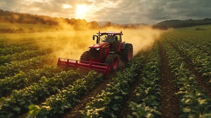 Fototapeta premium A red tractor tills a field at sunset, kicking up dust and creating a dramatic scene.