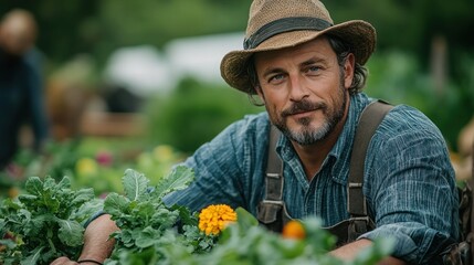A man in a straw hat and overalls looks directly at the camera while tending to his garden.