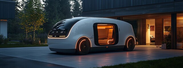 Futuristic autonomous vehicle parked outside modern home at dusk