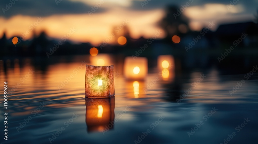 Aufkleber Softly glowing lanterns float on a tranquil water surface at sunset, creating a serene and atmospheric scene.