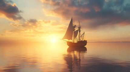 Sailboat at sunset, The sunset sky is beautiful.