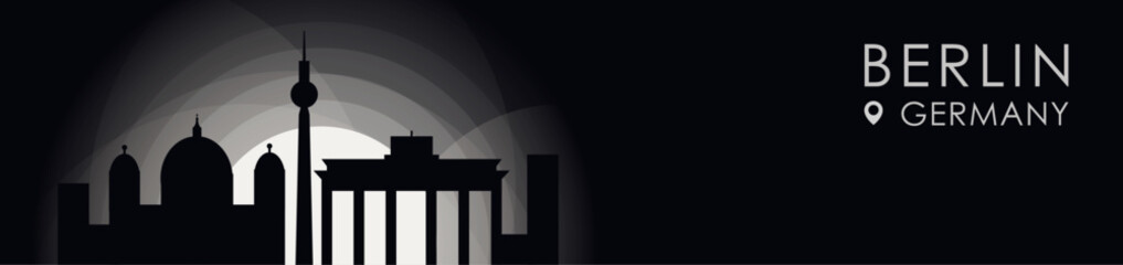 Vector Berlin, Germany cityscape banner. Black and white placard profile picture for header, footer