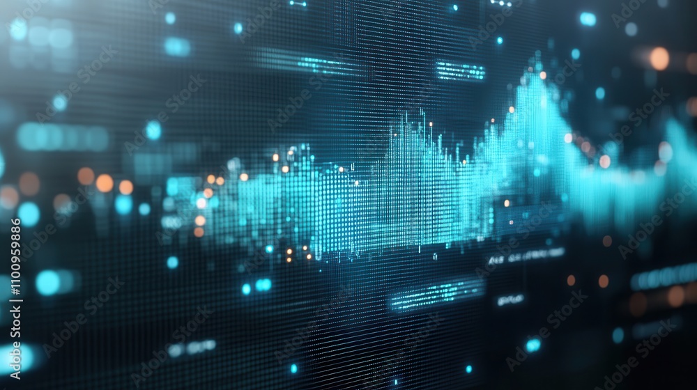 Poster a digital representation of data trends with vibrant blue waveforms, illustrating the analysis of in