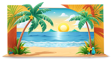 Obraz premium A tropical beach scene illustrated with paper cut-outs, showing palm trees, ocean waves, and a setting sun, with vibrant colors and a relaxing ambiance.