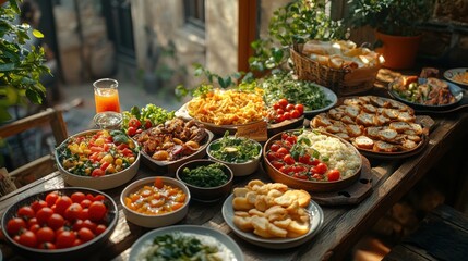 Fototapeta premium A long wooden table is filled with a variety of dishes, including pasta, salad, bread, and fruit. There are also several glasses of juice and a basket of bread in the background.