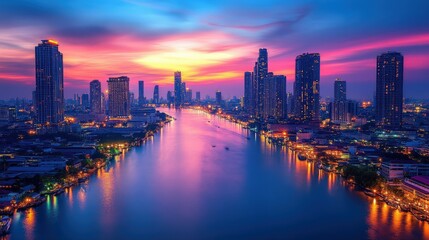 Fototapeta premium A vibrant city skyline at sunset over a river, showcasing urban life and natural beauty.