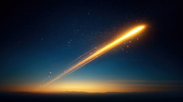 A streaking meteor illuminates the night sky, leaving a glowing trail against a backdrop of twilight hues. - Powered by Adobe