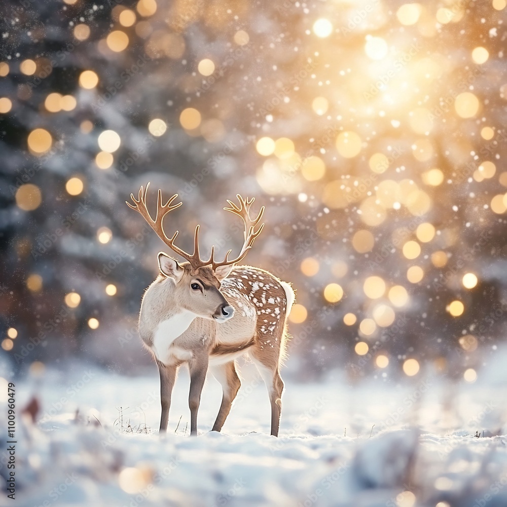 Poster majestic reindeer standing in a serene snowy field with a captivating backdrop of glowing golden bok