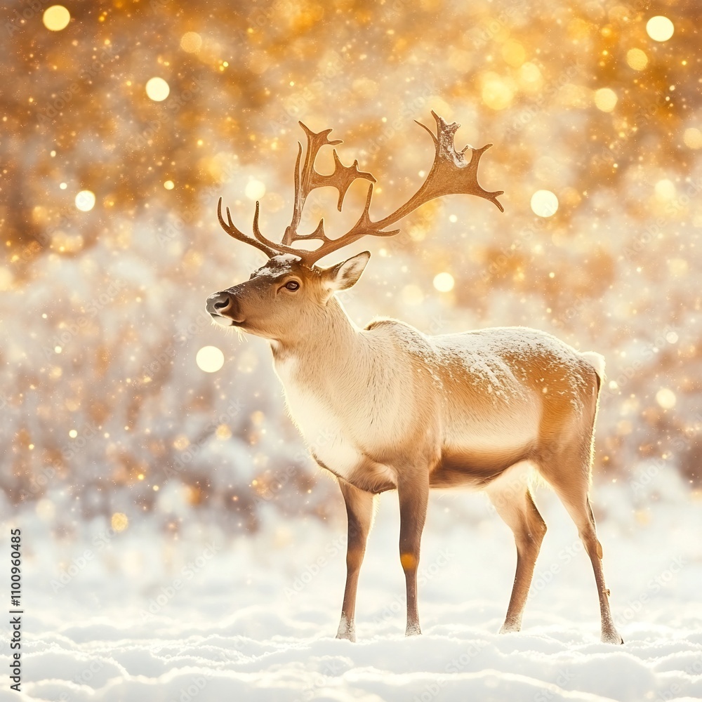 Poster majestic reindeer standing in a serene snowy field with a captivating display of glowing golden boke
