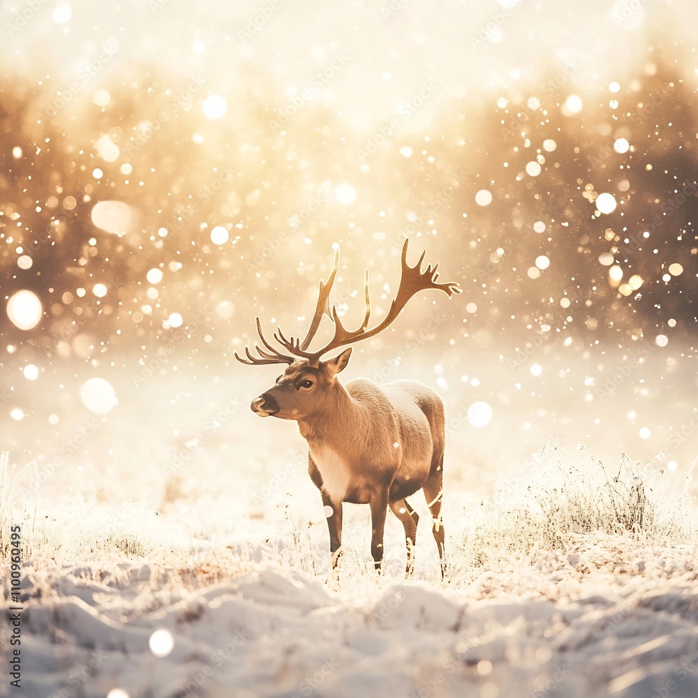 Aufkleber majestic reindeer standing in a serene snowy field with a glowing golden bokeh effect in the backgro