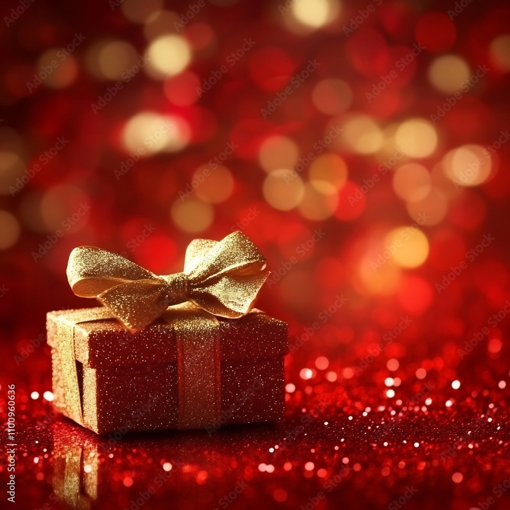 Aufkleber opulent golden gift box with a shimmering bow placed on a rich red background adorned with soft warm