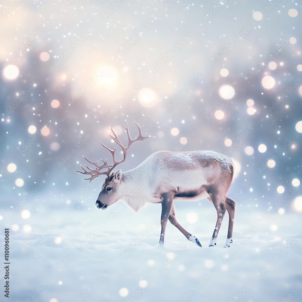 Poster reindeer standing in a snowy winter landscape with soft pastel colored bokeh lights glowing dreamily
