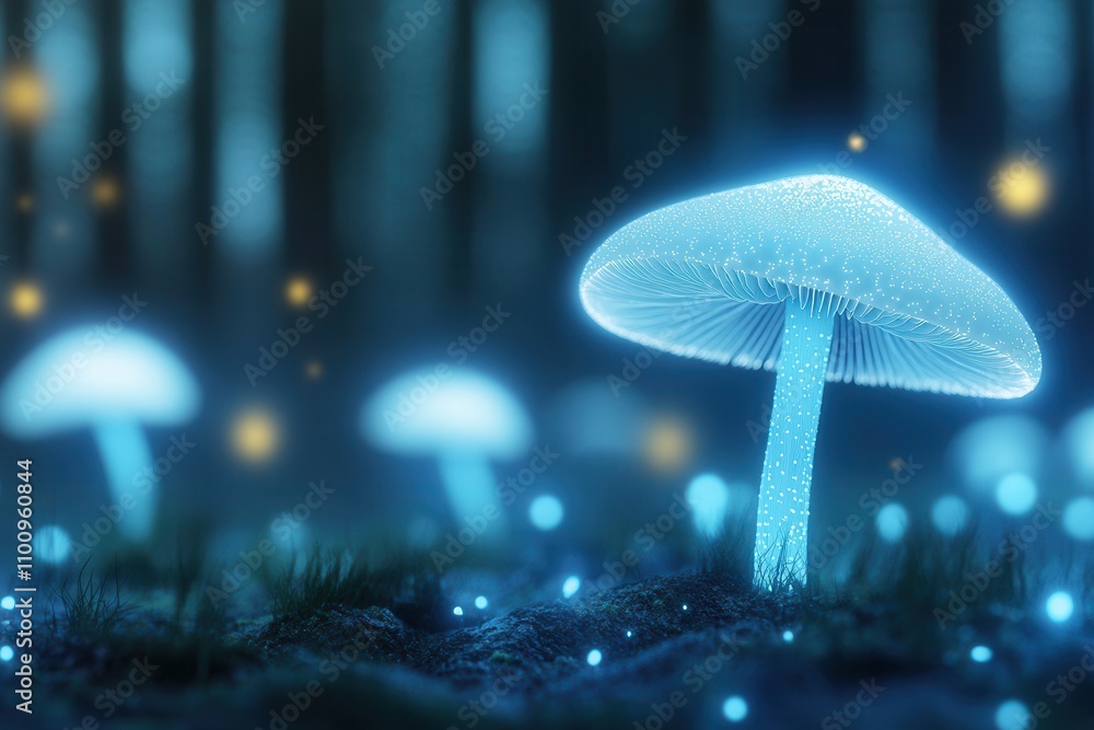 Poster a glowing mushroom in a mystical forest, surrounded by soft blue light and ethereal ambiance, creati