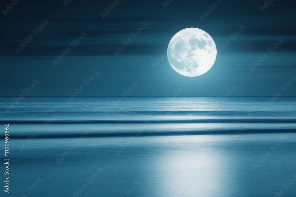 Poster A serene night scene featuring a glowing moon reflecting on calm ocean waves, creating a tranquil atmosphere.