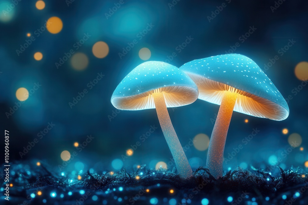 Aufkleber a pair of glowing mushrooms stand amidst a mystical blue background, illuminated by soft light and s
