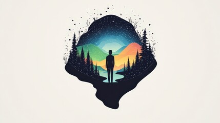 Person Standing in Abstract Landscape with Colorful Mountains and Stars