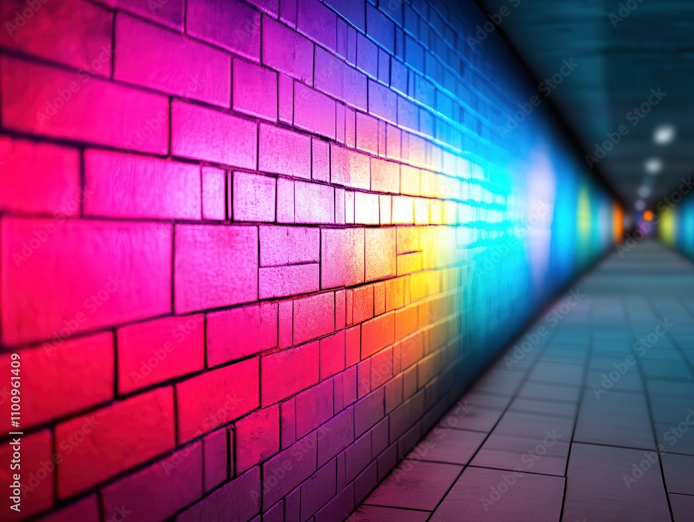 Poster a vibrant, colorful wall illuminated in a corridor, showcasing a gradient of hues that create an art