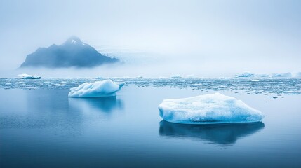 Serene Glacial Lake Landscape: Icebergs and Misty Mountains