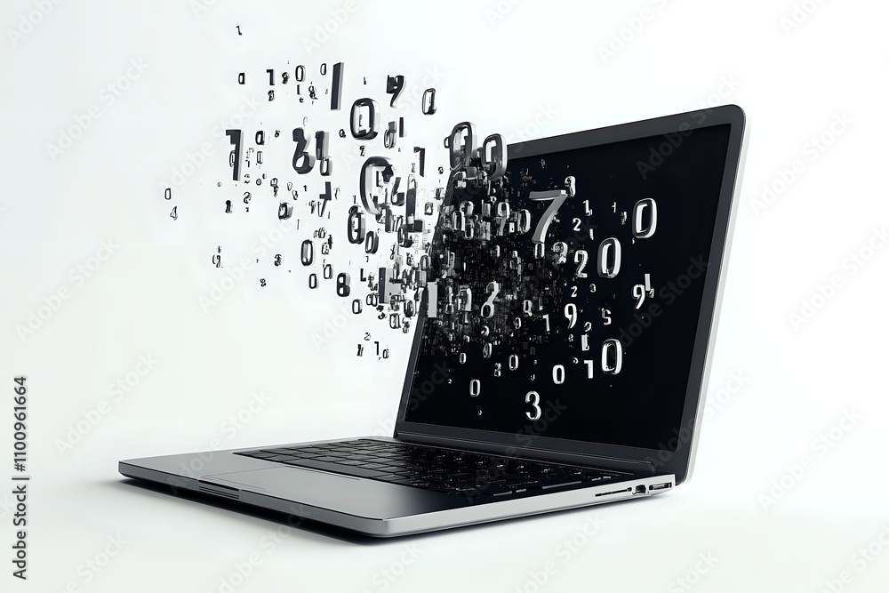 Poster digital data explosion: a laptop emitting a stream of numbers