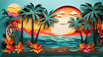 Obraz premium A tropical beach scene illustrated with paper cut-outs, showing palm trees, ocean waves, and a setting sun, with vibrant colors and a relaxing ambiance.