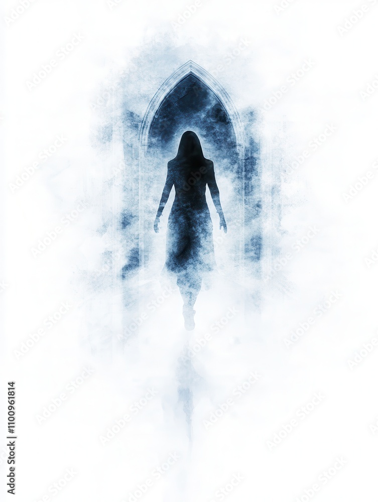 Poster a mysterious figure stands silhouetted in an ethereal light, framed by an archway, evoking a surreal
