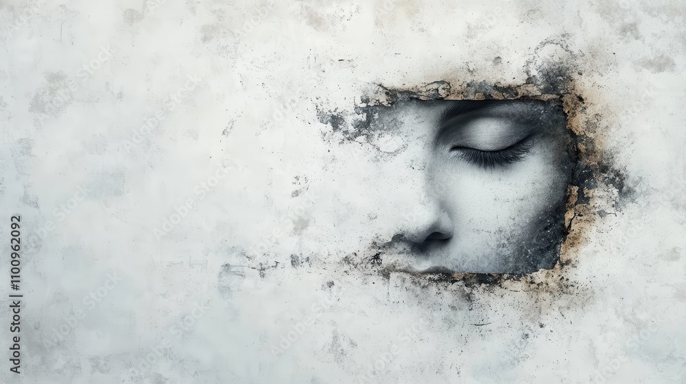 Aufkleber A serene, partially obscured face emerges from a textured surface, blending elements of art and reality in a striking visual representation.