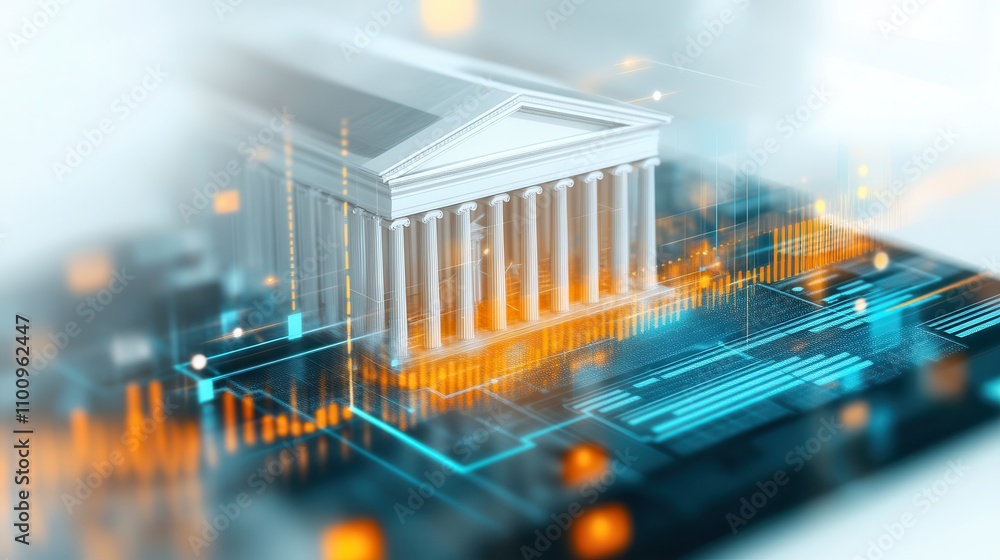 Poster A digital representation of a classical building overlaid with data visualizations, symbolizing the intersection of tradition and technology.
