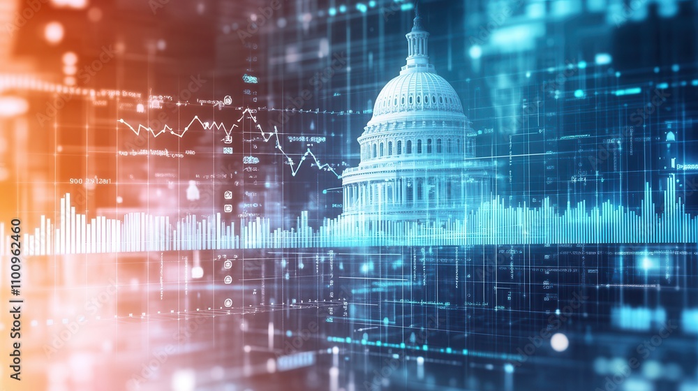 Poster a digital depiction of the u.s. capitol surrounded by abstract data visualizations, symbolizing the 