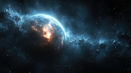 Obraz premium A vibrant depiction of a celestial body in space, surrounded by glowing cosmic elements.