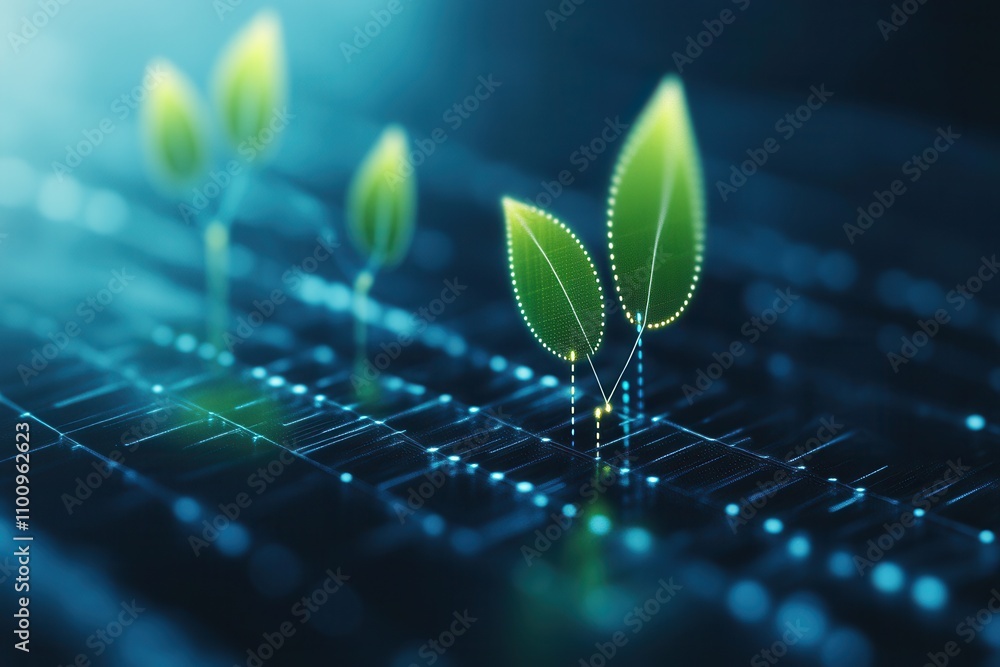 Poster a digital concept image showing sprouting green plants on a glowing grid background, symbolizing gro