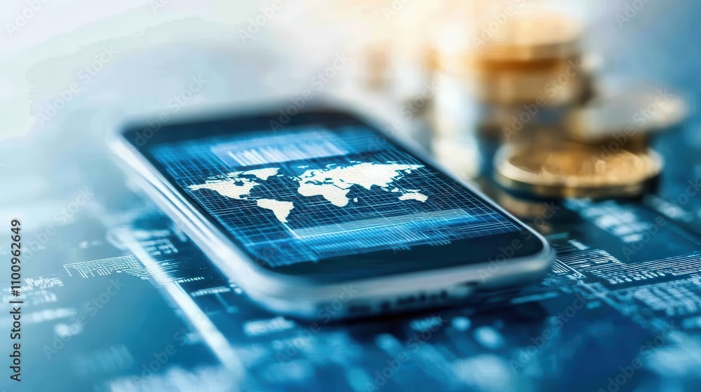 Poster a smartphone displaying a world map with digital graphics, alongside shiny coins, symbolizing financ